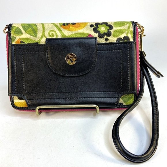 Spartina 449 Leather Linen Zipper Wristlet Snap Phone Wallet Mod Floral Summer - Picture 1 of 16